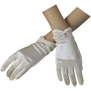 Women's White Satin Pearl Wedding Dress Opera Party Wrist Gloves Short Length